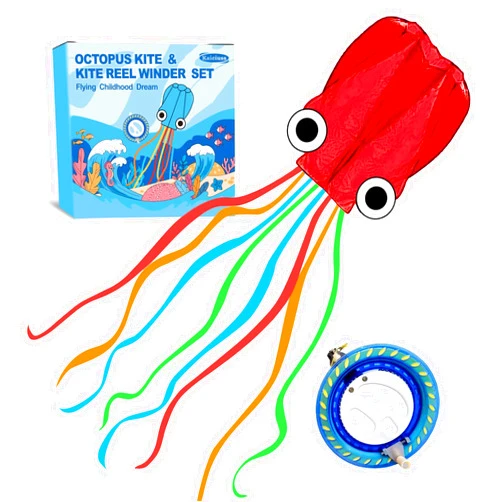 Kaiciuss Octopus Kite & Kite Reel Set, Easy to Fly Beach Kite & Kite Spool for Kids & Adults, Single Line Frameless Kite with 7.2 Inch Kite Wheel Kit