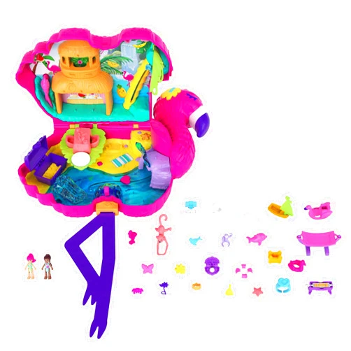 Polly Pocket Travel Toy, Flamingo Party Playset with 2 Micro Dolls & 26 Surprise Accessories, Animal Toy Compact