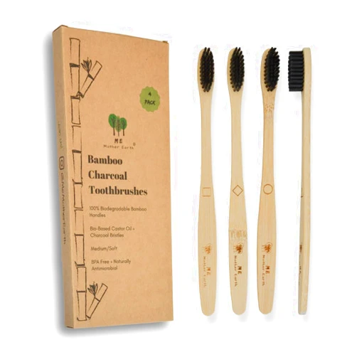 ME MOTHER EARTH Bamboo Charcoal Toothbrush Pack, Medium Soft Bristle Brush, Charcoal Infused Bristles, Biodegradable & Eco Friendly, Sustainable Bamboo (Pack of 4)