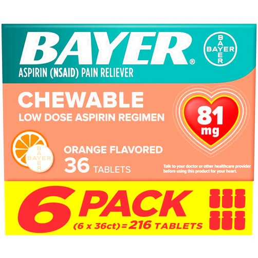 Bayer Aspirin Low Dose 81 mg Chewable Tablets, Pain Reliever, Orange Flavored, 216 Tablets (6 Pack)