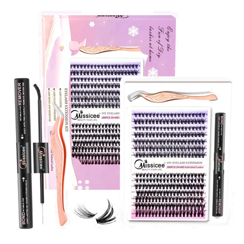 Missicee DIY Lash Extension Kit,280pcs Individual Lashes Cluster D Curl Eyelash Extension Kit 30D 40D 9-16mm Mix Clusters Lash with Lash Bond and Remover, Lash Applicator Tool for Self Application at Home