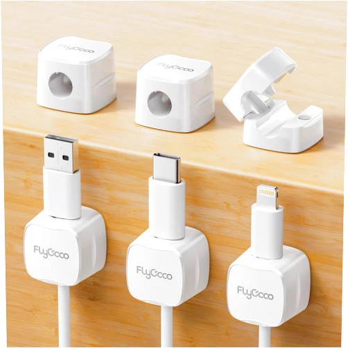 FlyCoco 6 Pack Magnetic Cable Management Clips, FlyCoco Cord Organizer for Desk, Phone USB Charging Cable Storage Holder, Cable Clips Organizer for Office Desk Car Wall Desktop Nightstand (White)