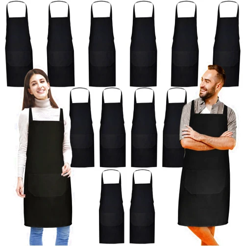 Dwrttow 12 Pack Bib Apron,Black Aprons Bulk,Unisex Black Plain Aprons with 2 Pockets,Blank Apron with Long Ties for Adults Cooking Painting BBQ Grilling Baking Machine Washable,32 x 28 Inch