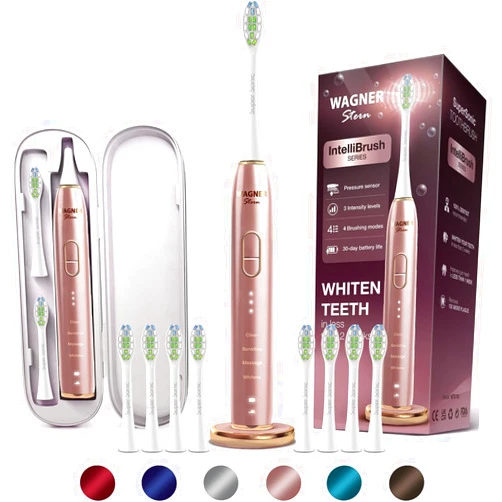 Wagner Stern IntelliBrush Series Whitening Electric Toothbrush with Pressure Sensor. Offers 4 Brushing Modes, 3 intensities, 8 Soft Brush Heads, and a Luxury Travel case.