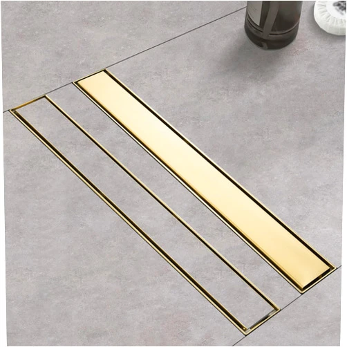 Kuaisailsk Linear Shower Drain ，with Tile Insert Panels ，18 Inch Brushed Gold 304 Stainless Steel Rectangle Shower Floor Drain，with Hair Catcher, Adjustable Feet