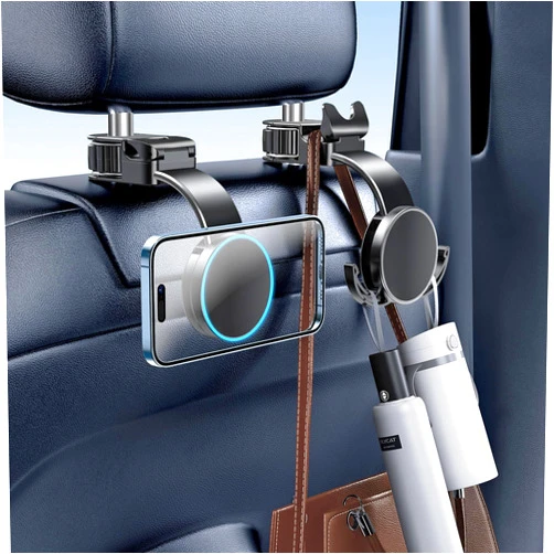 Xuenair for Magsafe Phone Holder for Car Backseat, 3 Hideable Storage Key Bag Purse Holder for Car Hook, Bendable Adjustable Strong Magnetic Car Seat Phone Holder for Kids iPhone 15 Pro Max