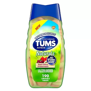 TUMS Naturals Ultra Strength Antacid Chews for Heartburn Relief, Black Cherry & Watermelon - 190 Count Watermelon 190 Count (Pack of 1)
