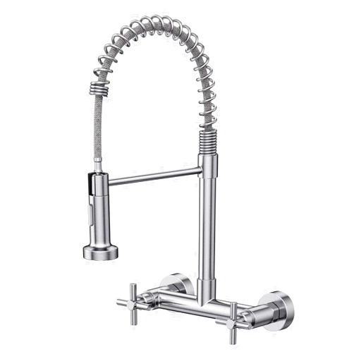 Hurran Wall Mount Kitchen Faucet, Hurran Brushed Nickel Kitchen Sink Faucet, 8 Inch 2 Handle Wall Mount Commercial Sink Faucet with Pull Down Sprayer for Kitchen Laundry Room Restaurant