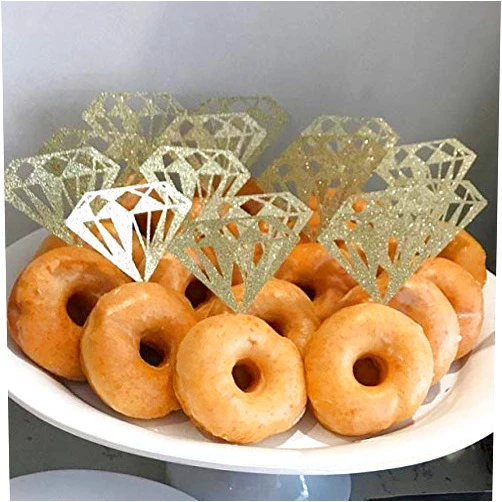 Posh Soiree Diamond Cupcake Toppers, Bridal Shower Decorations, Diamond Donut Toppers in Gold Glitter Set of 12