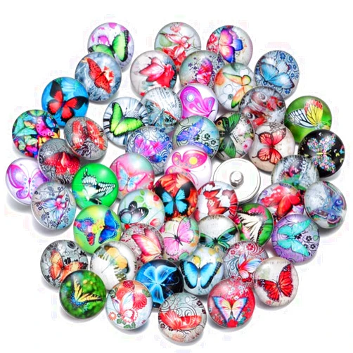 Ginooars Pack of 50 All Butterfly Design Glass Snap Charm Buttons 18mm for Interchangeable Snaps Jewelry Making