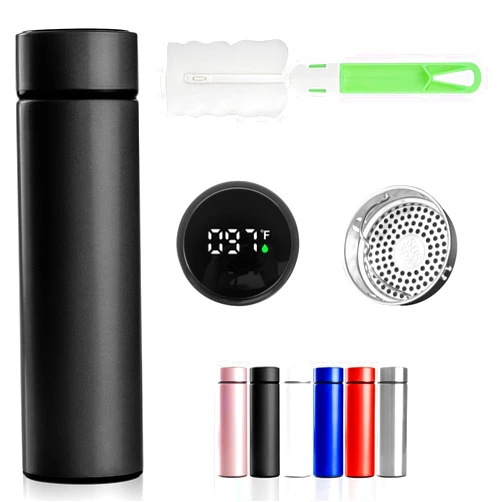 A2k Twenty Fahrenheit Temperature Reading Smart Thermos Cup, Tea Infuser, Keeps Drinks Hot/Cold 24 Hours. Detachable Colander for Coffee, Tea Infusion. 500 ml. Foam Sponge Cleaning Brush (Black)