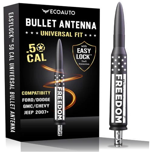 EcoAuto EasyLock 50 Cal Badass Bullet Antenna™ – Universal Fit for Ford/Dodge, GMC/Chevy, Jeep (2007+) Truck Antenna Accessories, New Anti Safeguard Theft Design – Short Replacement Antenna for Truck