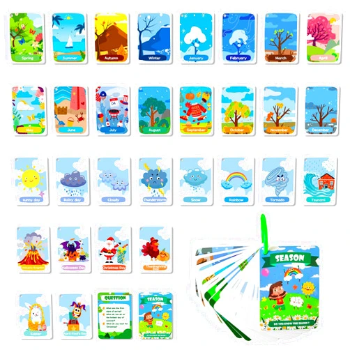 OUGERKID 34 Season Flashcards,Waterproof Month Education Flash Cards, Weather Educational Card for Classroom, ESL Teaching, Speech Therapy & Home Decor, Double-Sided Festivals Toy Cards
