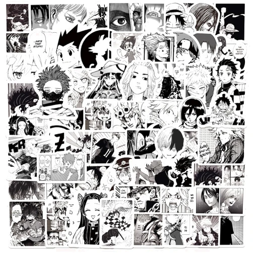 JXJMYU 100pcs Japanese Black and White Cartoon Anime Characters Decals Movie Decorative Sticker for Kids Teens Waterproof Stickers for Water Bottle Laptop Luggage Helmet Skateboard Guitar