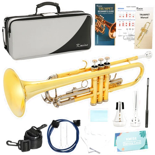 Kmise Bb Standard Trumpet, Premium Brass Trumpets for Student Beginner, Trumpet Instrument Set with Upgraded Case, 7C Mouthpiece, Mute, Beginner's Guide Kit, Cleaning Kit (Gold & Nickel Plated)
