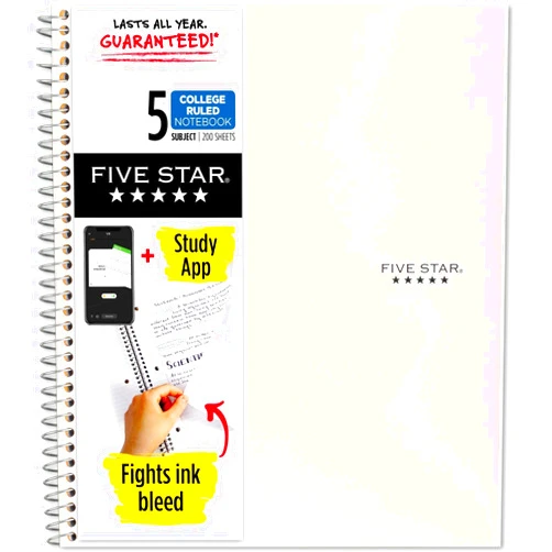 Five Star Spiral Notebook + Study App, 5 Subject, College Ruled Paper, Fights Ink Bleed, Water Resistant Cover, 8-1/2