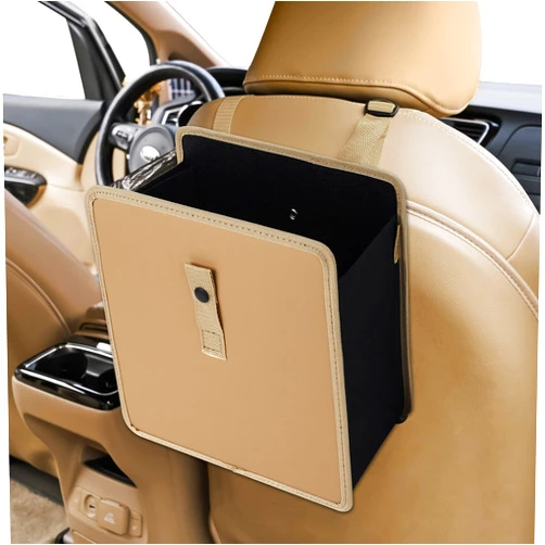 KMMOTORS Jopps Premium Car Trash Can – Foldable Bin with Strap, PU Leather & Oxford, Waterproof, Space-Saving, Simple Modern Design, Mounts on Headrest, Console, Gear Shift (Large, Beige)
