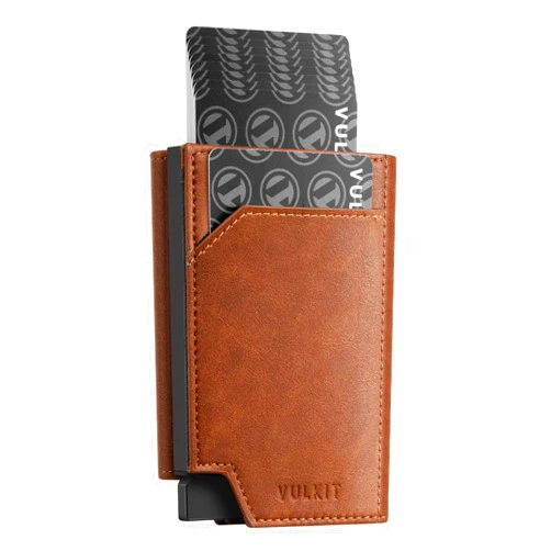 VULKIT Credit Card Holder with Coin Pocket Magnetic Closure Pop up Card Wallet RFID Blocking Minimalist Leather Card Case(Brown)
