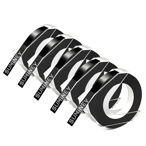 Suminey Compatible with Dymo Embossing Label Maker Refills, Suminey Black 3D Plastic Embossing Label Tape for Organizer Xpress Pro 12965 12966 Office Mate II 1540 154000, 3/8 Inch X 9.8 Feet,5-roll Pack