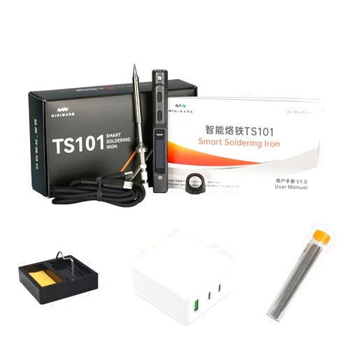 MINIWARE Mini Electric Soldering Iron Kit TS101, Equipped with GaN III 100W USB Type-C Wall Power Supply, Adjustable Temperature 50℃-400℃, Programmable, Type-C, OLED Display, Black