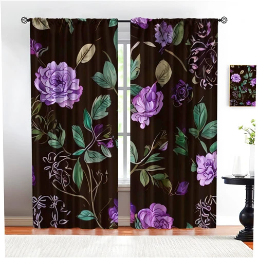 SRHMYWGY Extra Large Blackout Curtains, Purple Flower Window Curtain Panels, Vintage Black Thermal Curtains, Do Not Fade Pattern Clear Apply to Family Living Room Bedroom Balcony Farmhouse-W63xL72in
