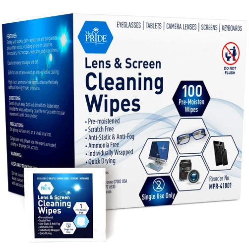MED PRIDE Premoistened Lens Wipes | Anti-Static, Anti-Fog, Quick-Dry & Scratch-Free| 100 Cleaning Cloths for LED Touch Screen, iPhones, iPads, Computer Monitors, Eyeglasses, Camera Lenses, Laptop