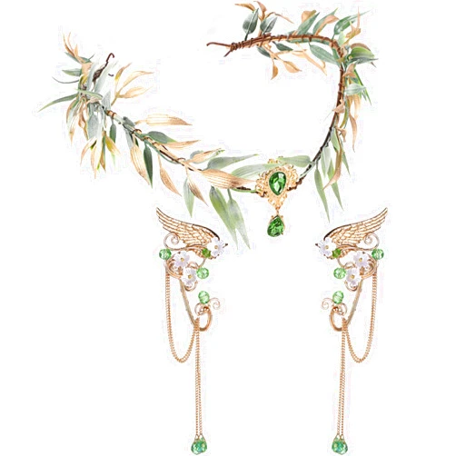 Zeyune Halloween Elves Cosplay Set Fairy Flower Crown Headpiece Elf Ears Cuffs Renaissance Costume Leaf Elves Wings Ear Cuff