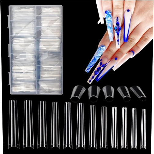 Quaferen 504Pcs Clear Coffin Nail Tips for Acrylic Nails Professional, XXXL Extra Long No C Curve Coffin Straight Acrylic Nail Tips, Half Cover No Crease Nail Extension False Nails for DIY Nail Art 12 Sizes