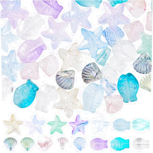 SUNNYCLUE 1 Box 150Pcs Starfish Beads Fish Glass Beads Sea Shell Beads Bulk Blue Pink Green Summer Ocean Animal Charms Beads Double Sided Loose Spacer Beads for Jewelry Making Kits DIY Craft Supplies