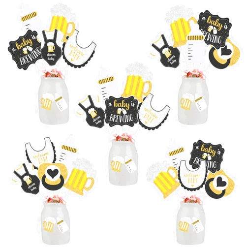 JOYMEMO 24 Pieces A Baby is Brewing Centerpiece Sticks Black Gold - Bottle and Beer Baby Shower Decorations, A Baby is Brewing Baby Shower Supplies for Pregnancy Diaper Huggies and Chuggies Party