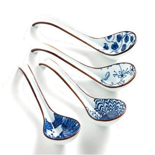 Hoilse Ceramic Asian Soup Spoons, Easy to Hold, Long Handle Perfect Depth Spoon Set for Japanese Ramen Noodles, Chinese Dumpling, Pho, Miso, Wonton, Dishwasher Safe -Set of 4 - Blue