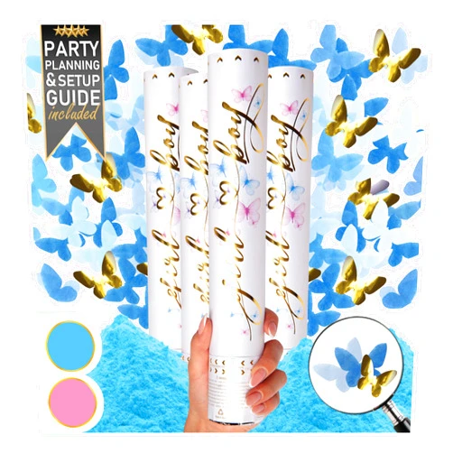 PRIMEPURE Gender Reveal Confetti Cannon 4 Pack (4 Blue) | Butterfly Confetti Popper and Powder Gender Reveal Smoke Bombs | Baby Gender Reveal Ideas, Party Celebration Boy and Girl Color Sparkler Stick