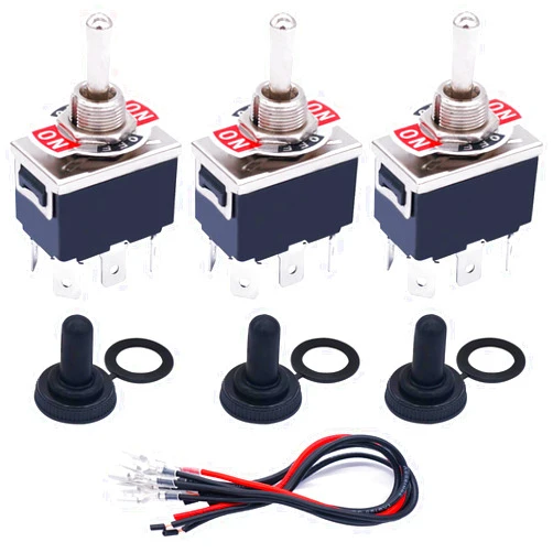 TWTADE 3 Pcs Momentary Heavy Duty Rocker Toggle Switch 6 Pin 3 Position (ON)-OFF-(ON) DPDT 16A 250VAC Spade Terminal Metal Boat Switch With Waterproof Boat Cap And 6.3mm Terminal Wires TEN-223MZX-B223