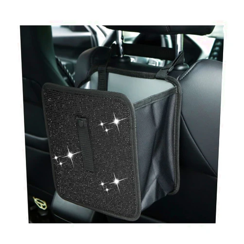 Ohleats Foldable Car Trash Can, Bling Rhinestone Oxford Auto Hanging Garbage Bag, Crystal Leakproof Foldable Waste Organizer Universal for Most Vehicles, Interior Car Accessories (Black)