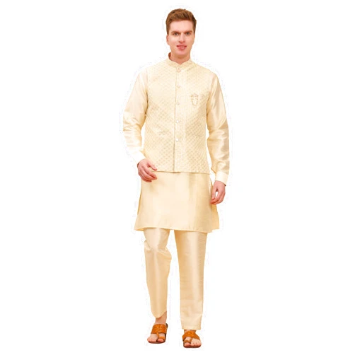 Pro-Ethic Style Developer Mens Indian Traditional Silk Kurta Set With Jacket For Men Floral Design (C-114)