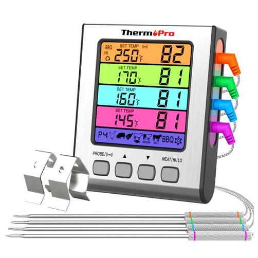 ThermoPro TP17H Digital Meat Thermometer with 4 Temperature Probes, HI/LOW Alarm Smoker Food Thermometer with Colored Backlit LCD, BBQ Thermometer for Cooking Grilling Kitchen Oven Barbecue Turkey