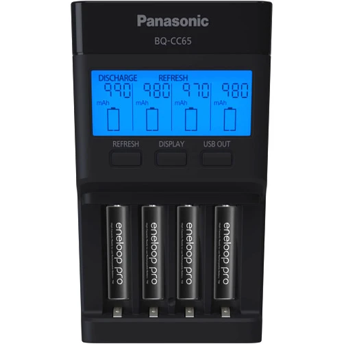 Panasonic K-KJ65K3A4BA Super Advanced 4-Position Quick Charger with LCD Indicator Panel, USB Charging Port and 4AAA eneloop pro Rechargeable Batteries, Black
