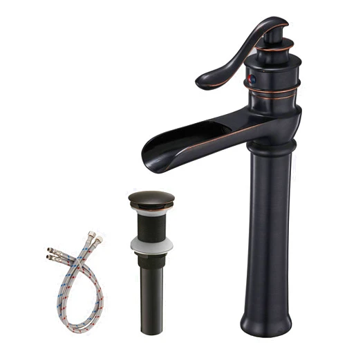 BWE Vessel Sink Faucet Waterfall Singe Hole Oil Rubbed Bronze Black Bathroom Sink Faucet Handle with Pop Up Drain Assembly Stopper Without Overflow Supply Line Lavatory Tall Rustic Bath Basin Vanity