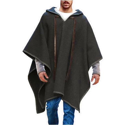 Kingspinner Men's Steampunk Gothic Hooded Fashion Poncho Comfortable Home Clothes House Coat Men Wool Alpaca Poncho Hooded