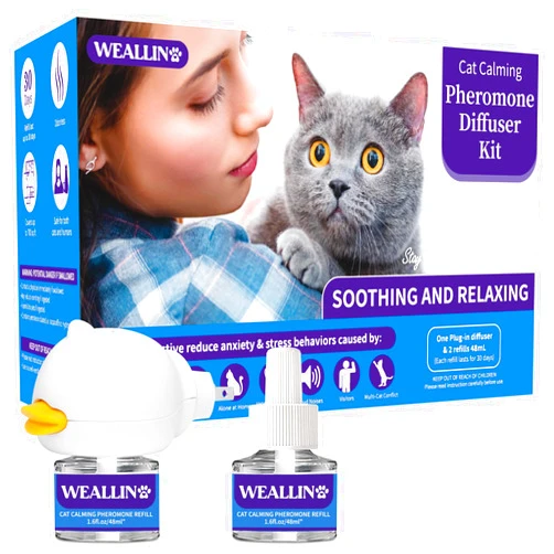 WEALLIN Cat Calming Diffuser Kit - Cat Pheromones Calming Diffuser Relieve Anxiety & Stress - 3-in-1 Cat Pheromone Diffuser Kit with 1 Diffuser + 2 refill 48ml Vial - 60 Days of Comfort and Relaxation