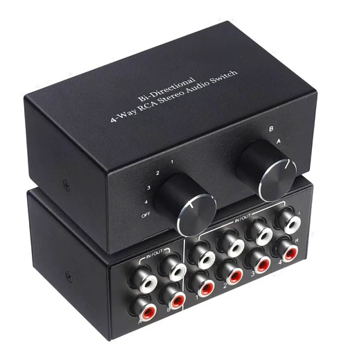 SAIZHUO RCA L/R Audio Switcher, 4(2)-in-2(4)-Out Analogue Audio Switch, Noiseless Stereo Speaker Selector for Phono TV Headphones Soundbar PC Game, 4 Way Audio Splitter Box