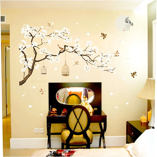 Hanlongyu Large Chinese Style White Flowers Wall Stickers with Black Tree Flying Birds Wall Decals, Removable DIY Wall Art Decor Murals for Offices Living Room Bedroom Study Room Home Walls Decoration, 50x74in
