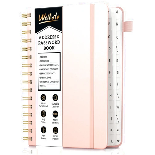 WEMATE Spiral Address Book with Alphabetical Tabs, Leather Password Book, Address Organizer Telephone Notebook Journal Keep Contact Safe Hardcover Large Print Seniors Home Office 5.8″×8.2″, Rose Gold