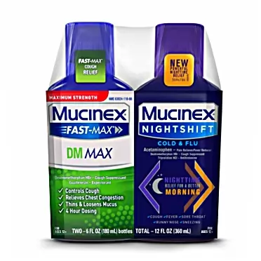Mucinex Maximum Strength Mucinex Fast-Max DM Max & Mucinex Nightshift Cold & Flu Liquid (2 x 6 fl. oz.) Thins & Loosens Mucus, Relieves Cough & Chest Congestion, Pain, Fever, Sneezing, Sore Throat, Runny Nose