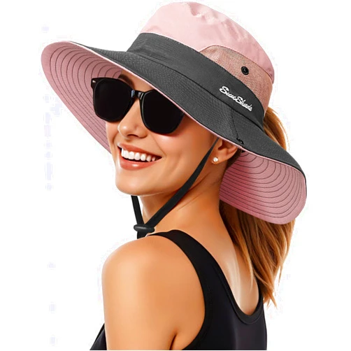 Trifabricy Womens Sun Hat - Sun Hats for Women with Ponytail Hole, Foldable Wide Brim Cooling Mesh Beach Fishing Hat for Outdoor