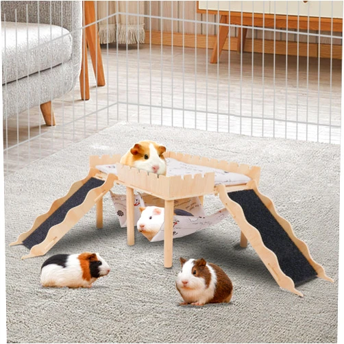 Teabelle Guinea Pig Hideout with Hammock, Large Wooden Guinea Pig Platform with Ramps for 5-6 Piggies, Small Animal House Decor Bed, for Hamster Chinchilla Hedgehog Dwarf Bunny to Play with