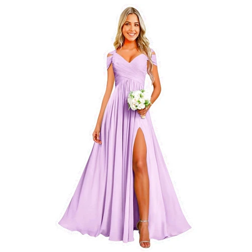 WENKAFO Cold Shoulder Chiffon Bridesmaid Dresses for Women Long Ruched A Line Formal Evening Gown with Slit Pockets