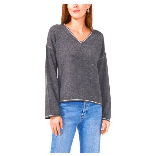 Vince Camuto Womens V-Neck with Contrast Crochet Stitch at Seam