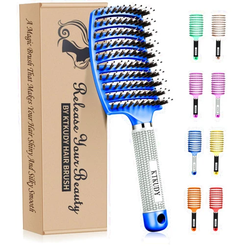 KTKUDY Detangling Brush Boar Bristles Hair Brush Make Hair Shiny & Healthier Curved and Vented Detangler Brush for Women Men Kids Wet and Dry Hair (Blue)