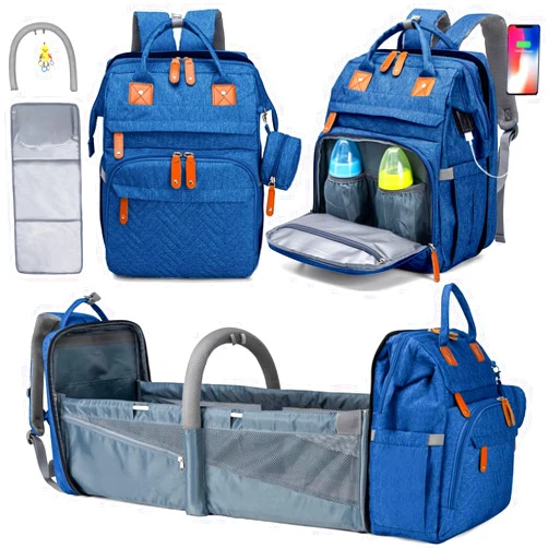 KABAQOO Diaper Bag Backpack, Large Baby Diaper Bags for Boys Girls, Baby Bag with USB Charging Port, Multifunction Waterproof Travel Back Pack for Moms Dads, Blue